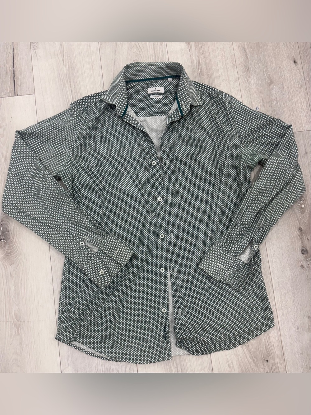 Johnny Cotton Men’s Slim Fit Green Geometric Print Button-Up Dress Shirt Size S